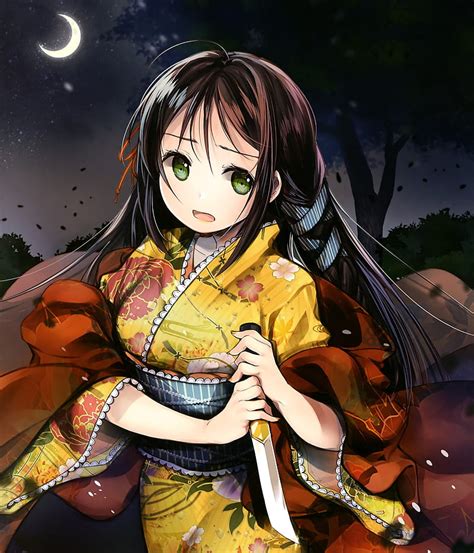Anime Girl Black Hair Kimono Crescent Knife Worried Expression