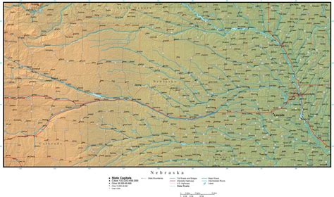 Nebraska State Map Plus Terrain With Cities And Roads