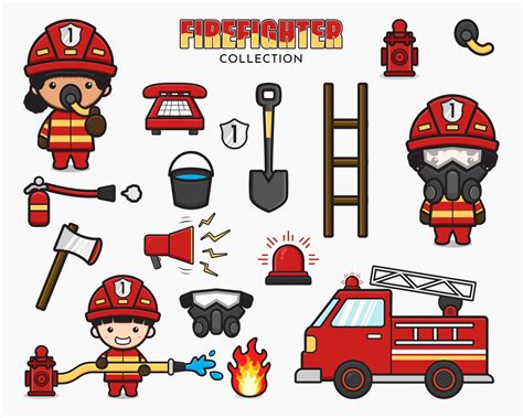 Set Collection Of Cute Firefighter And Equipment Cartoon Illustration