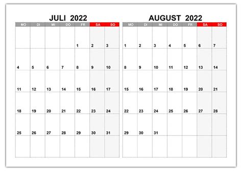 Kalender Für Juli August 2022 Kalendersu
