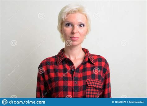 Beautiful Blonde Hipster Woman With Short Hair Wearing Red Checkered
