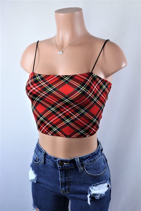 Ally Crop Top Red Plaid Square Neck Christmas T Print Crop Top