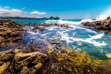 New Zealand Coast Stones Waves Scenery Nature