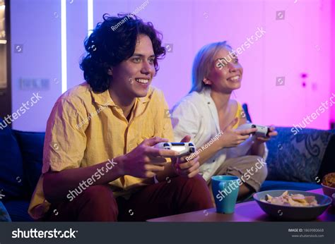 Happy Boyfriend Girlfriend Playing Video Games Stock Photo 1869980668