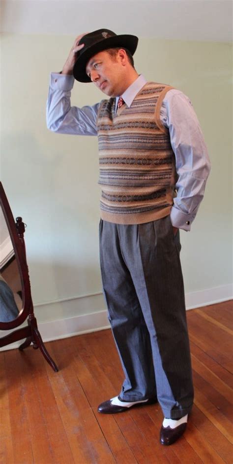 1940s Mens Fashion Dress Shirt Tie Pullover Knit Vest Wide Leg