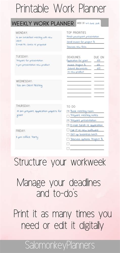 Weekly Work Planner Weekly Planner Work Organizer Work Calendar