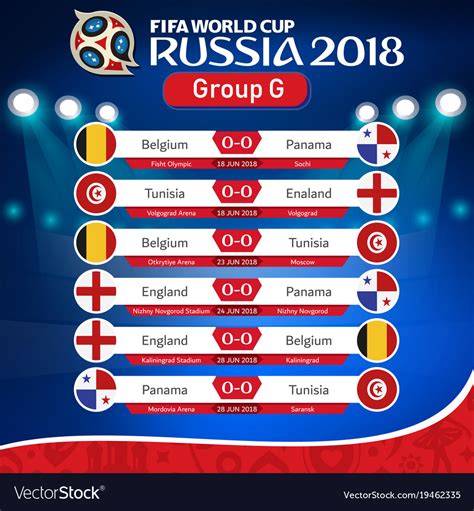 Watch the 2018 fifa world cup live at fox sports. Fifa world cup russia 2018 group g fixture Vector Image