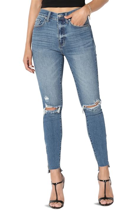Themogan Women S Clara Ripped Distressed Knee High Rise Raw Hem Crop Skinny Jeans Walmart Com