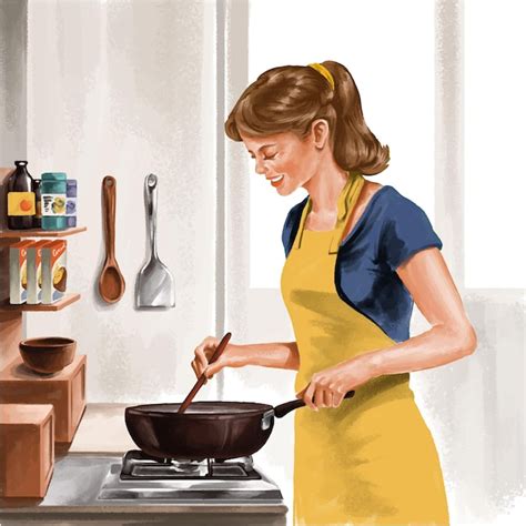 Mujer Cocinando En La Cocina Ilustración Vintage Vector Premium