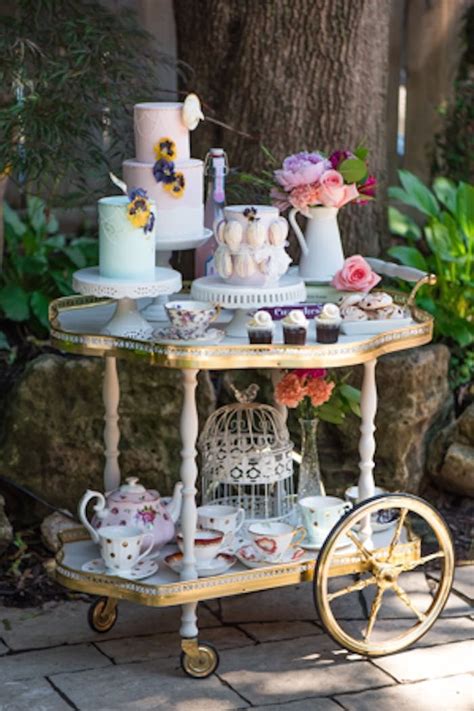 Tea Party Bridal Shower Idea Vintage Tea Party Cart With Cakes Tea