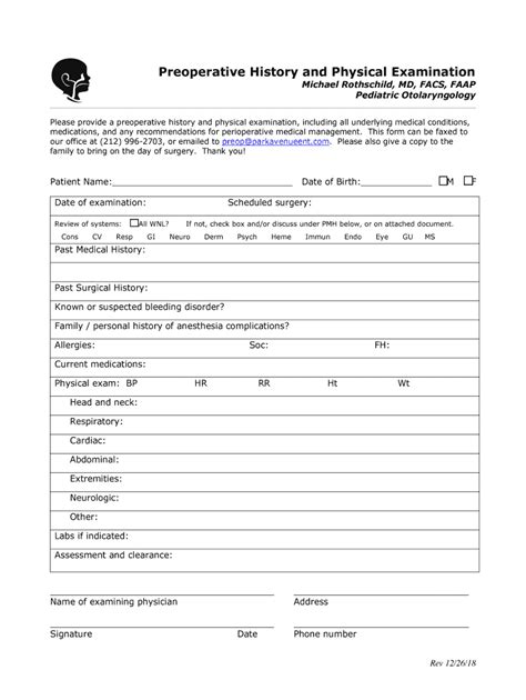 Preoperative History Physical Examination Form Fill Out And Sign