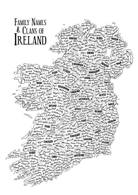 A4 Illustrated Map Of Ireland Irish Surnames And Ancestry Wall Art Art