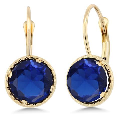 Ct Round Blue Created Sapphire K Yellow Gold Dangle Earrings Ebay
