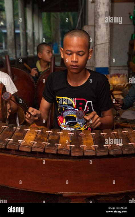 Cambodia Angkor Wat Young Boy Playing Xylophone Roneat Stock Photo