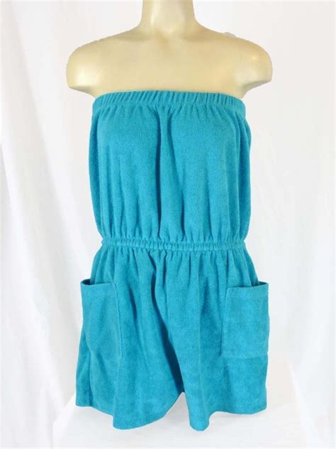 Vintage 70s 80s Teal Blue Strapless Terry Cloth Romper L Shorts Onesie