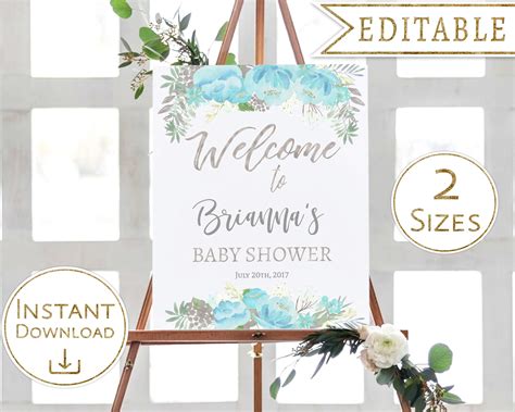 All > for baby > 50 baby shower invitation wording ideas. Welcome Sign Baby Shower Floral Blue Silver Editable ...