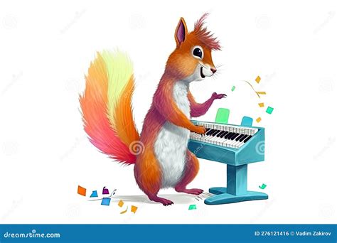 Squirrel Playing On Piano Isolated On White Illustration Stock Photo