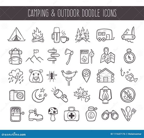 Camping And Outdoor Recreation Doodle Icons Stock Vector Illustration