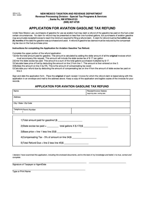 Fillable Form Rpd 41173 Application For Aviation Gasoline Tax Refund