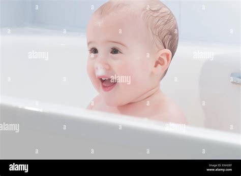 Cute Caucasian Baby Boy In Bath Stock Photo Alamy