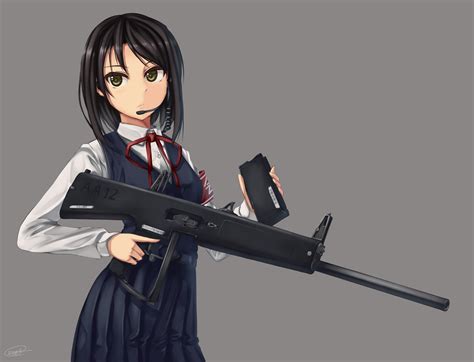 Female Anime Character Holding Rifle Wallpaper Hd Wallpaper Wallpaper