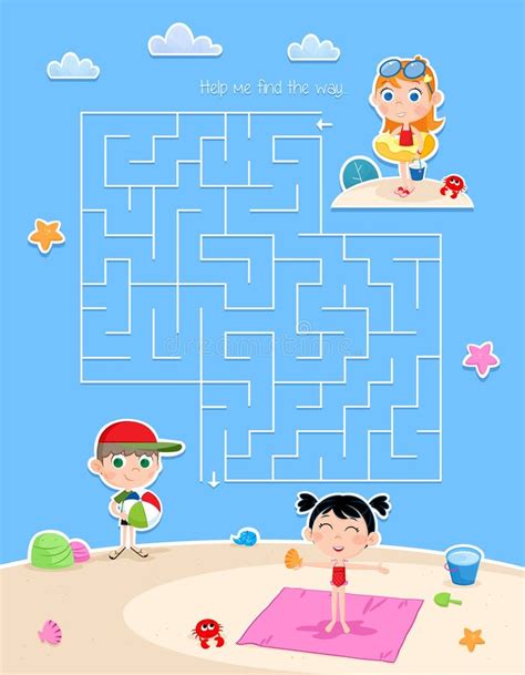 Summer On The Beach Happy Kids Lovely Maze Game Stock