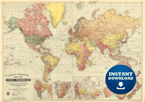 Digital Vintage Colorful World Map Printable Download Vintage Etsy