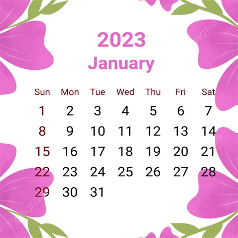 2023 January With Purple Flowers New Year Calendar 2023 Png