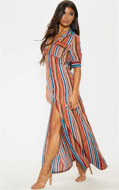 Multi Printed Stripe Short Sleeve Maxi Shirt Dress Prettylittlething Ie