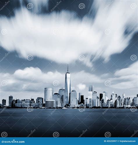 Manhattan Cityscape In Blue Color With Blurred Sky Stock Image Image