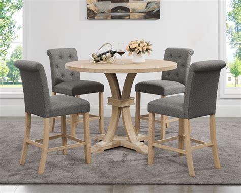 Siena White Washed Finished 5 Piece Counter Height Dining Set Pedestal Round Table With Gray