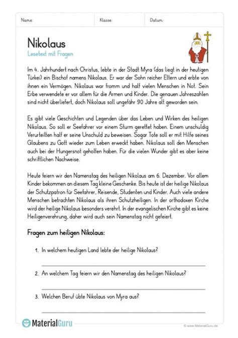 Lesen und verstehen für die 2. Kostenlose Arbeitsblätter und Übungen rund um Nikolaus für den Unterricht an der Grun ...
