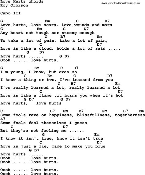 Song Lyrics With Guitar Chords For Love Hurts Roy Orbison Song Lyrics And Chords Guitar