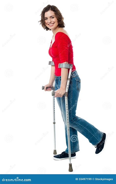 Young Woman Walking With Crutches Royalty Free Stock Images Image
