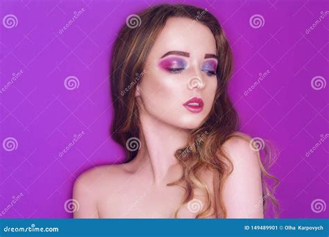 Fashion Model With Creative Pink And Blue Make Up Beauty Art Portrait Of Beautiful Girl With