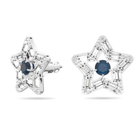 Swarovski Stela Hoop Earrings Star Blue Crystals Rhodium Plated 5639188