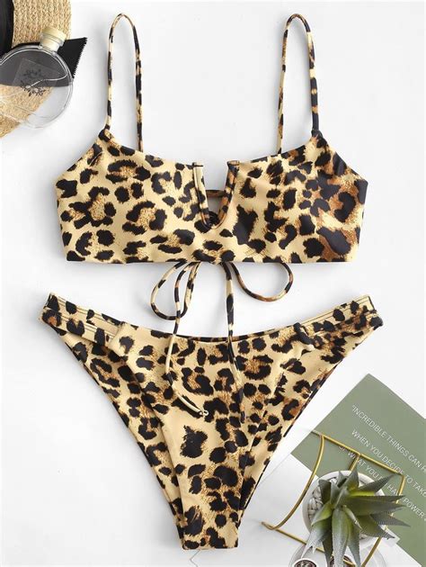 Zaful V Wired Animal Print High Leg Bikini Swimsuit Leopard Tiger