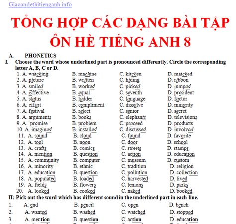 CÁc DẠng BÀi TẬp Ôn HÈ TiẾng Anh 8 GiÁo Án ĐỀ Thi TiẾng Anh