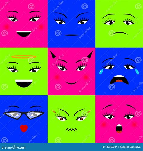 Colorful Square Emojis Icons Set Different Girl Faces Vector