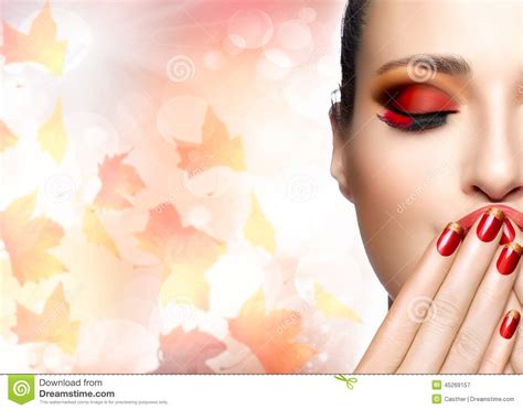 Autumn Makeup And Nail Art Trend Fall Beauty Fashion Girl Stock Photo