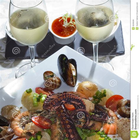 Seafood And White Wine Stock Photo Image Of Mediterranean