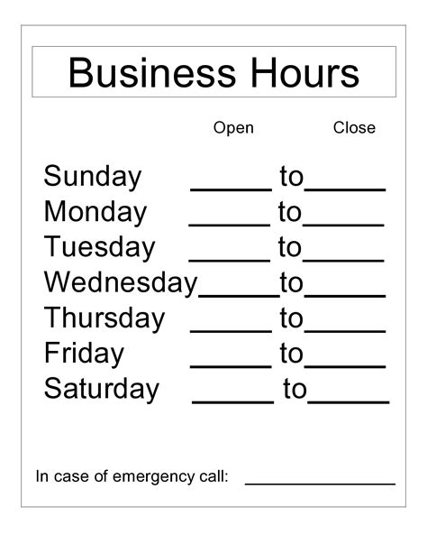 Printable Free Business Hours Template Pdf Printable Templates