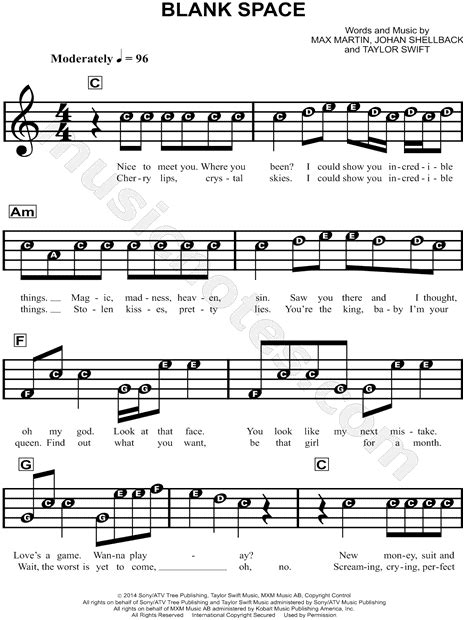 Taylor Swift Blank Space Sheet Music For Beginners In C
