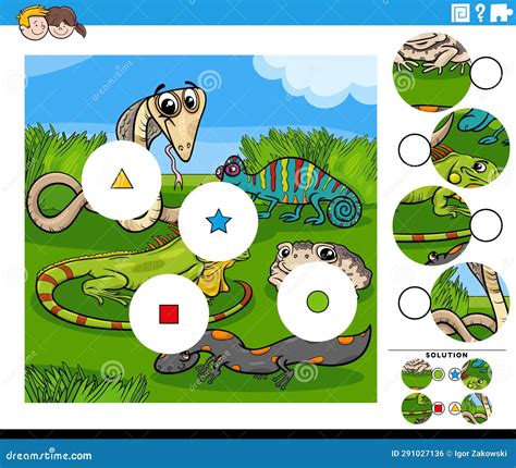 Match Pieces Game with Cartoon Reptiles and Amphibians Animals Stock