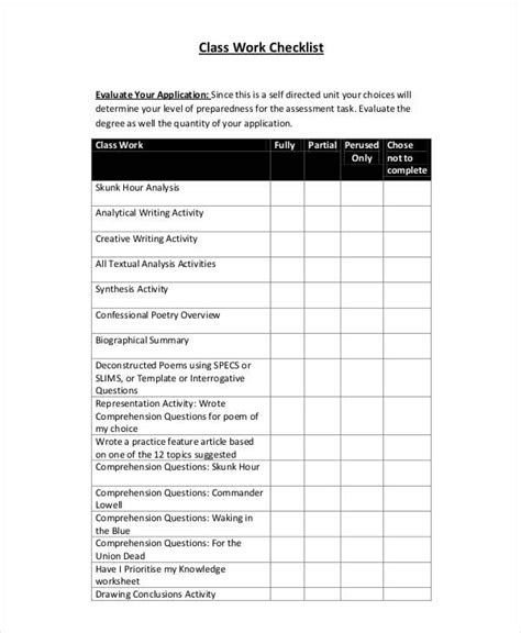 Work Checklist Template 9 Free Samples Examples Format Download