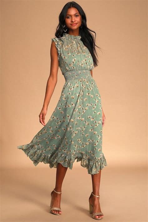 Wild Whims Sage Green Floral Print Mock Neck Midi Dress Pretty Midi Dresses Midi Ruffle Dress