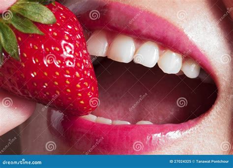 beautiful mouth eating strawberry stock image image of juicy fresh 27024325