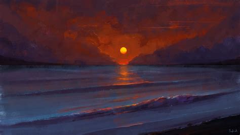 Wallpaper Digital Art Landscape Sea Sunset Painting 1920x1080