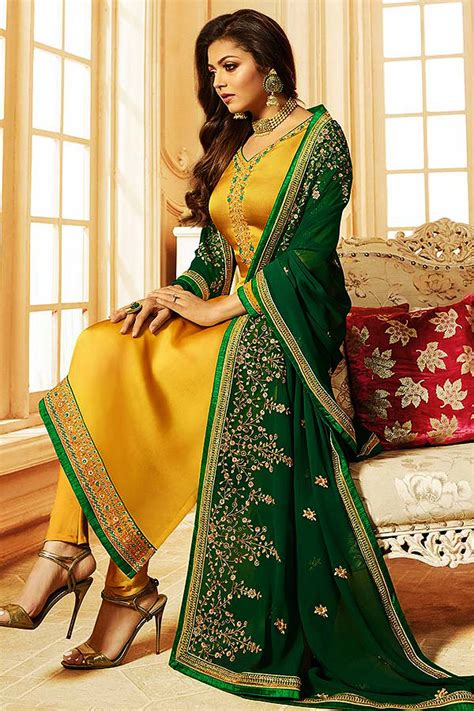 Buy Yellow Churidar Salwar Kameez With Floral Embroidery In Satin Silk