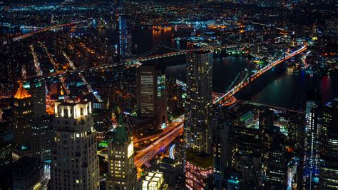 Night City Lights City Skyscrapers Top View New York Usa 4k
